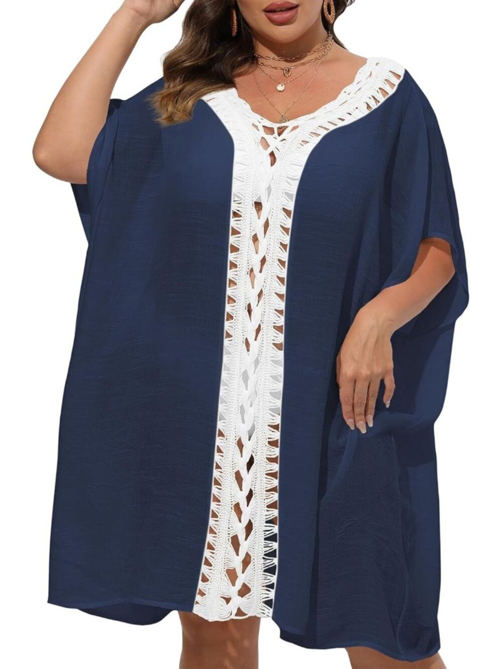 〽️Women's Swim Suit Coverups Navy White Polyester Summer Loose Beach Crochet